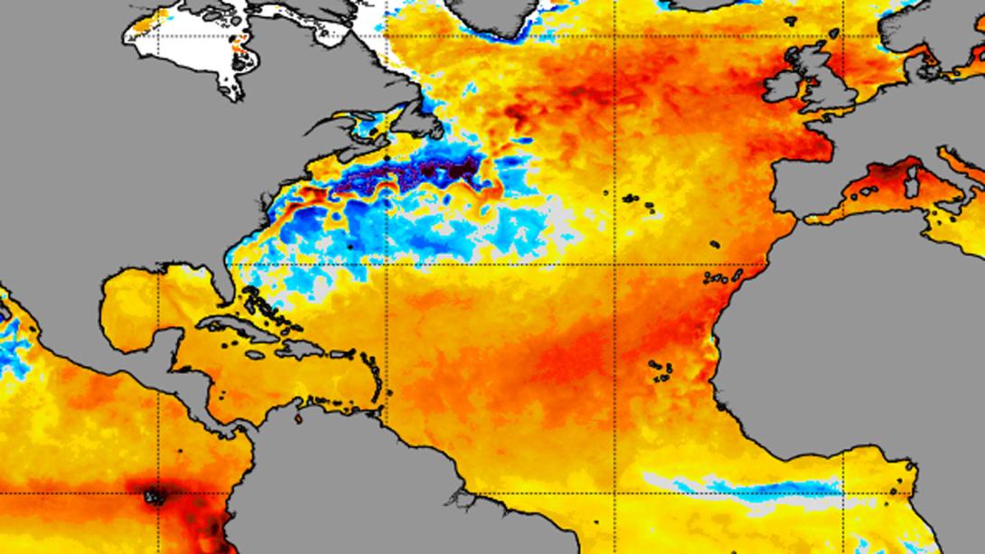 Large swaths of the North Atlantic are well above normal temperature 